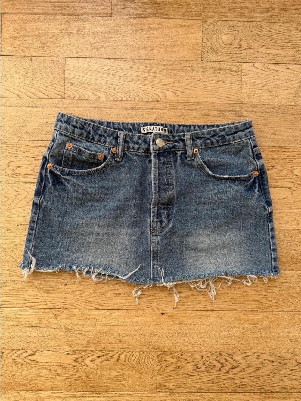Signature8 Denim Micro Mini Skirt in Faded Blue
